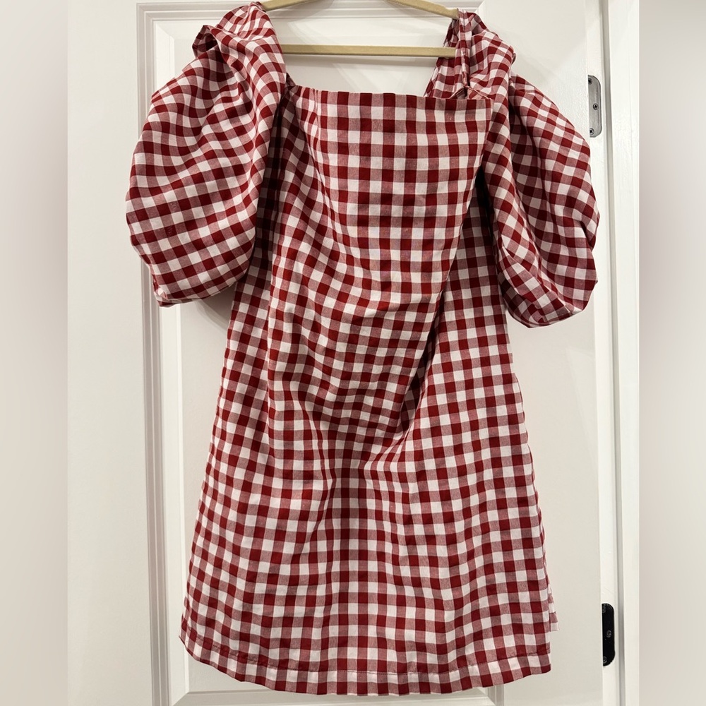 Red Gingham Puff Sleeve Off the Shoulder Dress